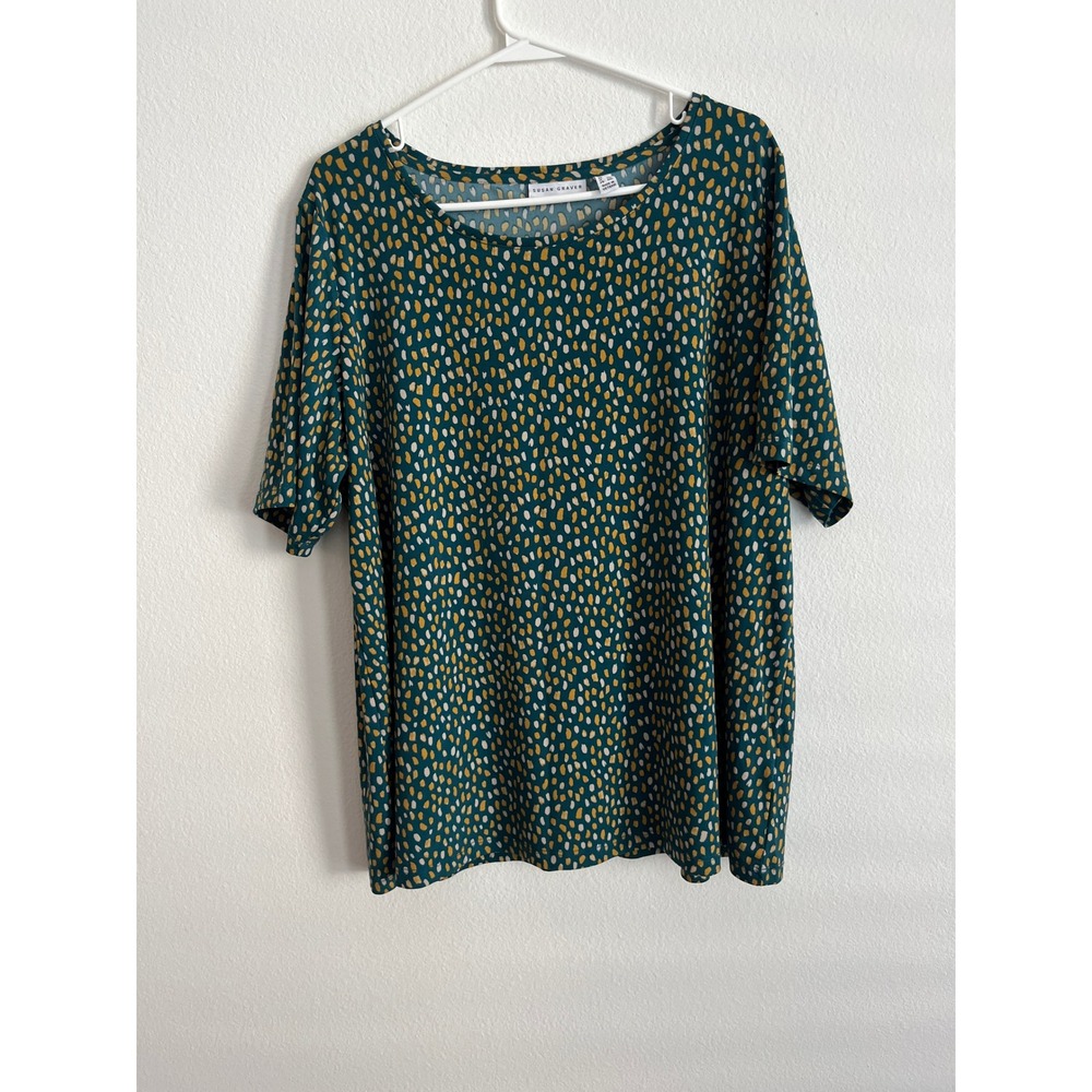 Susan Graver Liquid Knit Dot Print Top Teal Green Mustard 1X Short Sleeve